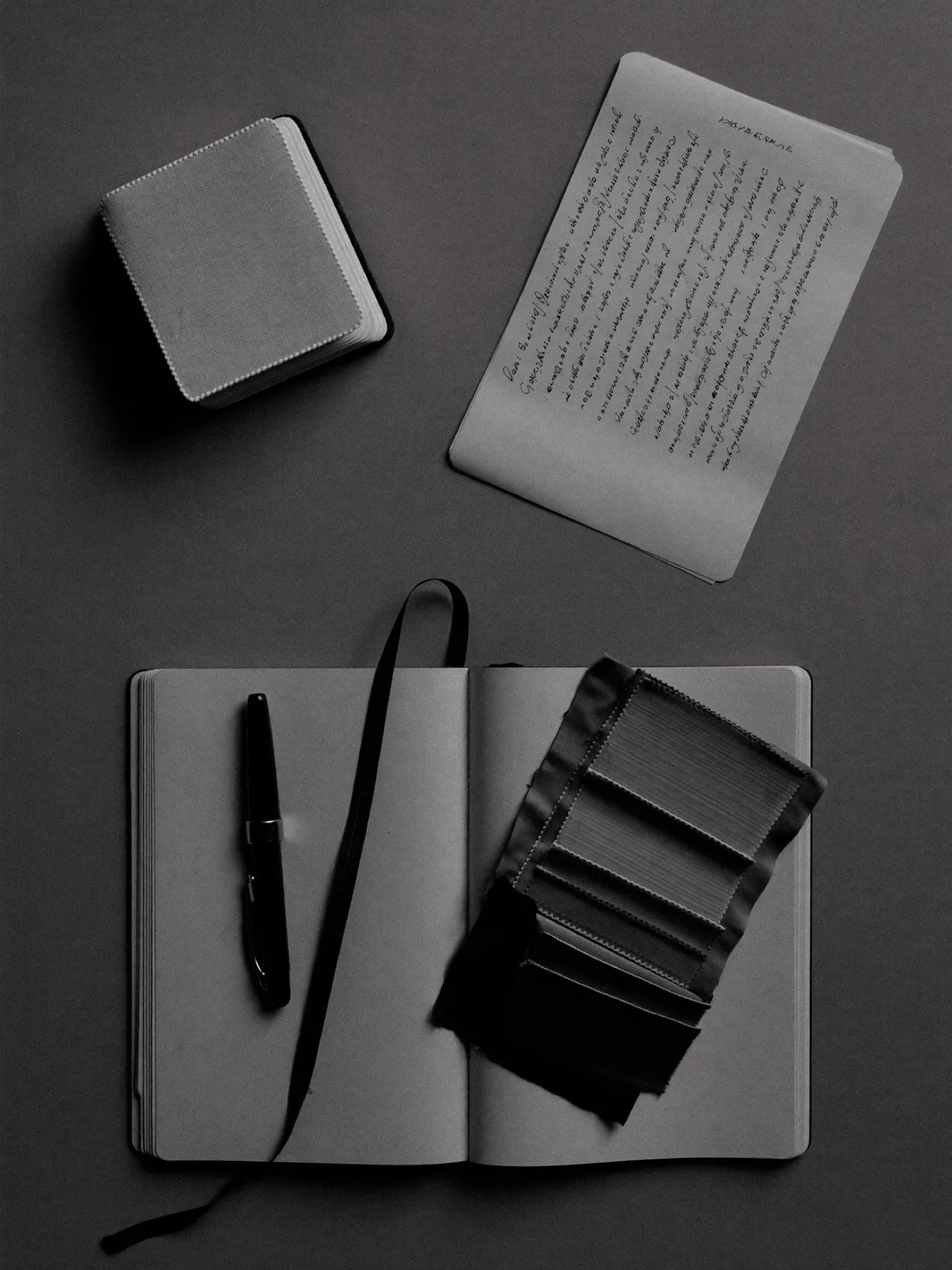 Un carnet, un stylo, un porte-cartes et des gants en cuir posés sur une surface sombre